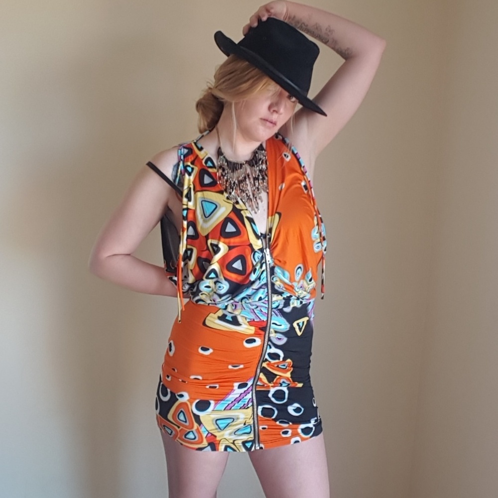 Orange zip down front mini dress